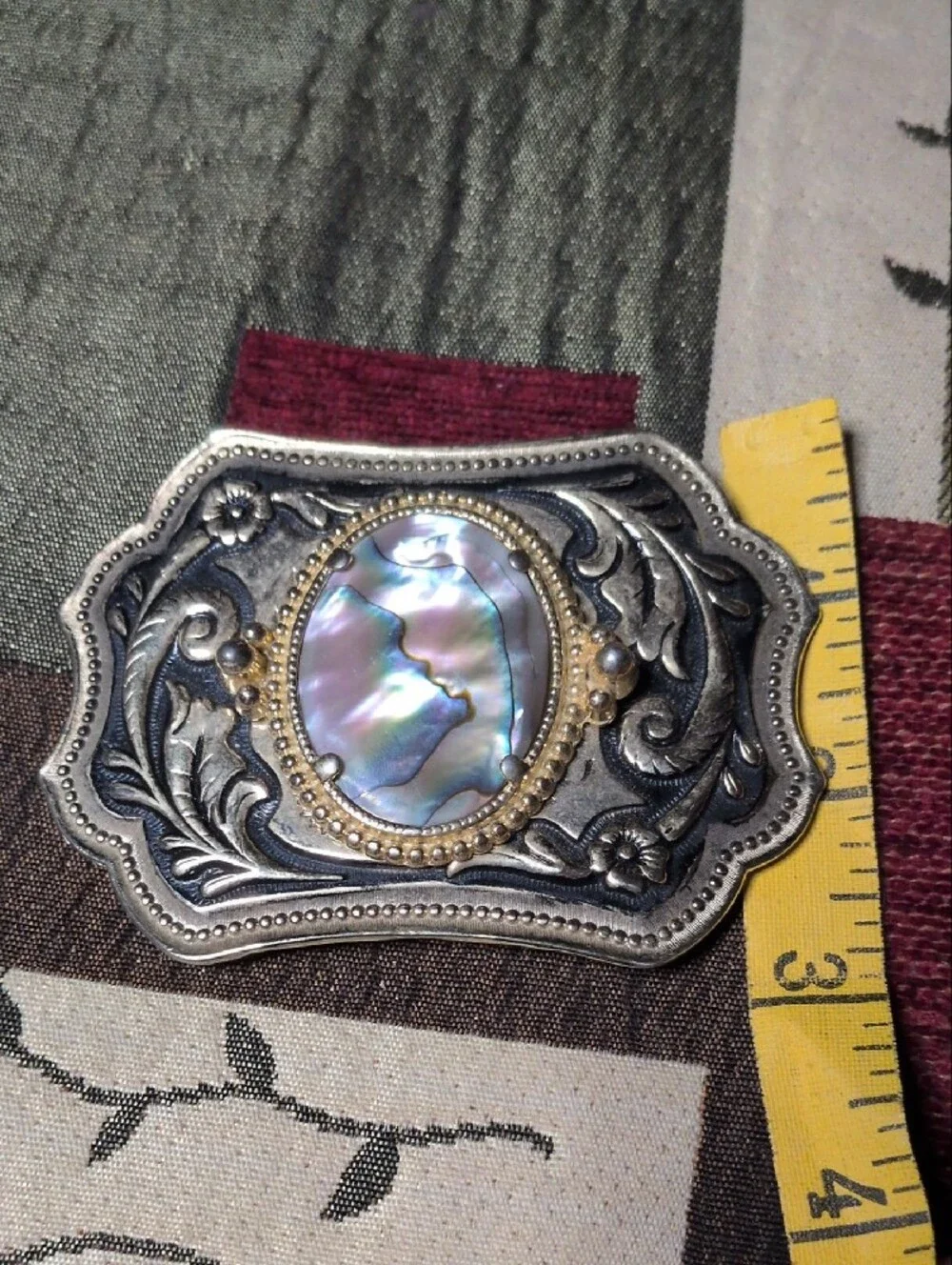 Ornate Abalone Shell Buckle in Silver Tone